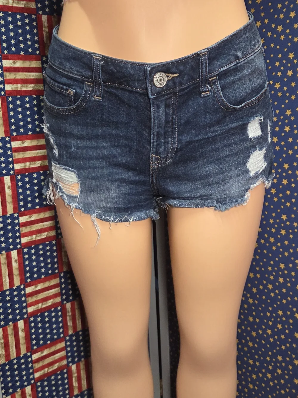 **Express Dark Blue Distressed Denim Jean Shorts** - Picture 2 of 12